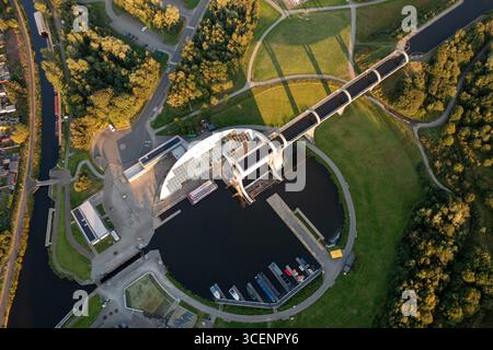 Veduta aerea della ruota di Falkirk, un ascensore per barche rotante che collega il canale Forth e Clyde con il canale Union, Falkirk, Scozia, Regno Unito. Foto Stock