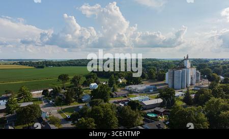 Vista aerea di un gruppo di ascensori di grano argentato che perforano lo skyline tra un arazzo di alberi e campi verdeggianti, West Liberty, Ohio, Stati Uniti. Foto Stock