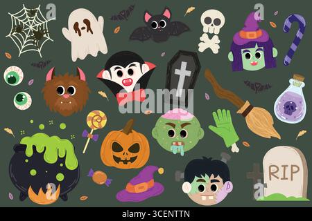 Set di personaggi vettoriali di Halloween con zucche ed elementi spaventosi. Illustrazione vettoriale Illustrazione Vettoriale