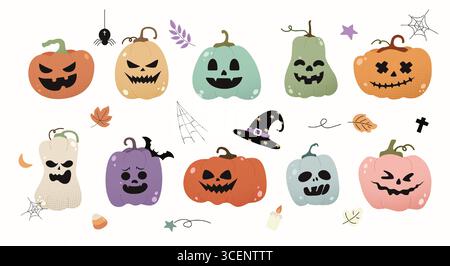 Set di personaggi di zucca a tema Halloween con disegni festivi. Illustrazione vettoriale Illustrazione Vettoriale