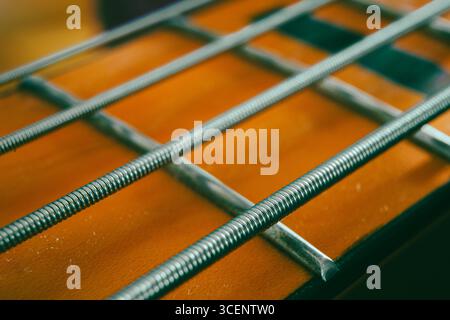 Basso a quattro corde, primo piano di corde e corde, legno d'acero. Foto Stock