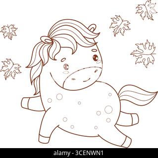 Delinea il simpatico cavallo giocoso con foglie d'acero autunnale cadenti. Divertente piccolo cartoni animati kawaii Fall Animal. Disegno al tratto, libro da colorare. Illustrazione vettoriale Illustrazione Vettoriale