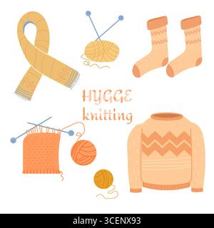 Set di graziose illustrazioni vettoriali di oggetti e attributi dello stile hygge scandinavo isolati su sfondo bianco. Sciarpa da maglieria, maglione, calze illustrazione vettoriale Illustrazione Vettoriale