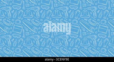 Utensili di riparazione di lavoro motivo senza cuciture in stile line art. Costruzione e strumento domestico nella cassetta degli attrezzi. Morsetto da carpentiere, cacciavite, trapano, sega a mano e. Illustrazione Vettoriale