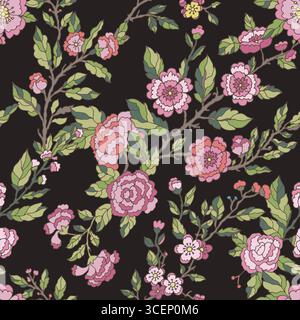 Pink Flowers Vines sfondo nero Illustrazione Vettoriale