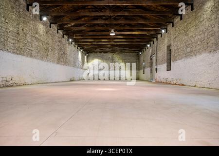 Interno industriale abbandonato in colori scuri, edificio di fabbrica in rovina con muri scoloriti, vecchie macchine e decadimento urbano atmosferico Foto Stock