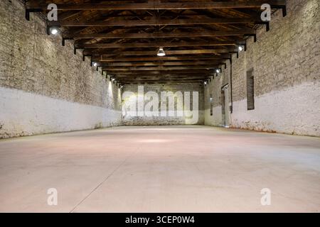 Interno industriale abbandonato in colori scuri, edificio di fabbrica in rovina con muri scoloriti, vecchie macchine e decadimento urbano atmosferico Foto Stock
