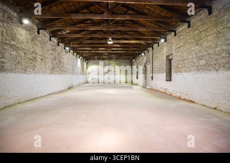 Interno industriale abbandonato in colori scuri, edificio di fabbrica in rovina con muri scoloriti, vecchie macchine e decadimento urbano atmosferico Foto Stock