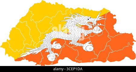 Mappa del Bhutan con bandiera nazionale - illustrazione vettoriale del profilo del paese e simbolo per la geografia, i viaggi e l'istruzione Illustrazione Vettoriale