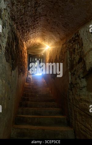 Scalinata con pareti in pietra e porta in legno che porta fuori da una cantina di vini tradizionale a Palencia Foto Stock