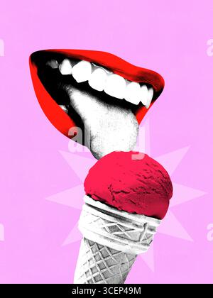 Collage pop art minimalista. Labbra rosse che leccano il cono rosso del gelato su sfondo rosa Foto Stock