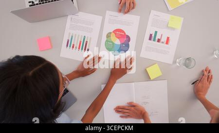 Vista dall'alto di due donne dell'azienda che esaminano documenti e rapporti durante la riunione dell'ufficio Foto Stock