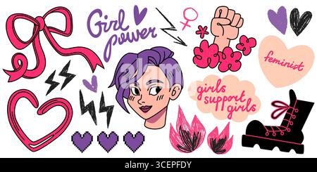 Grafica femminile potenziata con adesivi y2k ed estetica doodle per messaggi femminili. Pugno rialzato con fiori, nastri e stivali con viso, cuori e fulmini per attivismo o social media Illustrazione Vettoriale