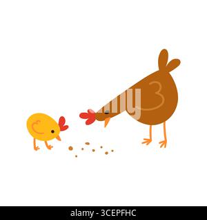 Gallina bruna che dà da mangiare a un pulcino giallo con i cereali. Semplici uccelli domestici piatti con pettini rossi e becchi arancioni isolati su bianco Illustrazione Vettoriale