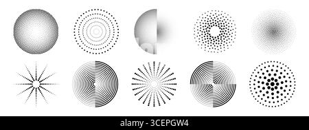 Set con motivo a punti ondulati con mezzitoni circolari bianchi, anelli concentrici e raffiche radiali sul nero. Spirali geometriche, punti stellari e linee ondulate per un design minimalista o effetti di illusione ottica. Illustrazione Vettoriale