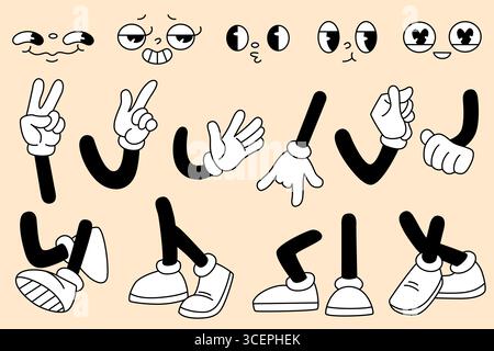Cartoon Groovy Collection di gambe con sneakers e tubi in gomma retrò, mani con guanti e volti espressivi per uno stile di animazione. Parti di personaggi comici vintage per adesivi o disegni di mascotte. Illustrazione Vettoriale