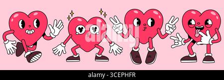 Personaggi cartoni animati con pose alle gambe, mascotte retrò per i disegni di san valentino. Simboli d'amore animati rossi con scarpe da ginnastica e guanti. Simpatico stile kawaii per adesivi o biglietti d'auguri. Illustrazione Vettoriale