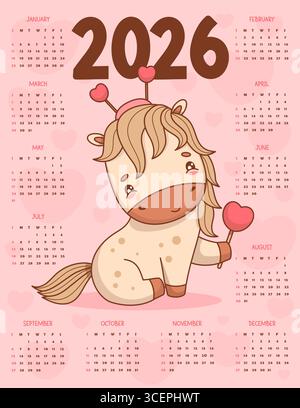 Romantico calendario 2026. Carino san valentino con cuore. Divertente animale kawaii sul rosa. Modello annuale verticale vettoriale 12 mesi in inglese. Inizio settimana Illustrazione Vettoriale