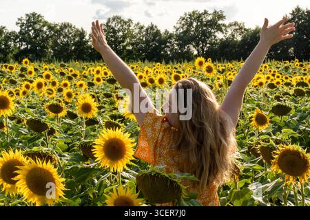 Gioiosa donna bionda in abito arancione alzando le braccia per festeggiare tra un campo di girasole in fiore con sfondo di alberi. Concetto di felicità, libertà Foto Stock