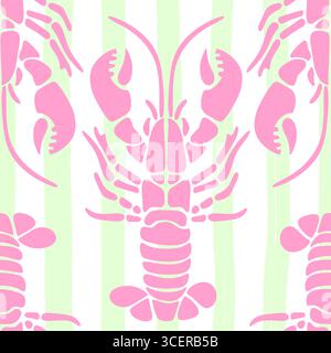 Motivo di aragosta senza cuciture su strisce verdi e bianche. Piatti di pesce estivi. Sfondo a tema costiero mediterraneo. Vettore disegnato a mano ispirato all'estetica estiva italiana. Illustrazione Vettoriale