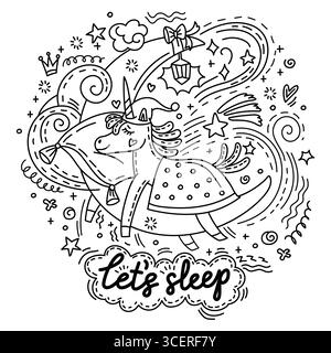 Un simpatico unicorno che dorme su una luna. Umorismo carattere e caratteri Let s sonno, stile doodle. Illustrazione isolata del vettore disegnata a mano. Per il bastone Illustrazione Vettoriale