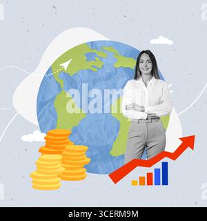 concetto di criptovaluta. Donna in pantaloni davanti al globo con monete e carte. sfondo isolato Foto Stock