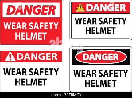 Serie di segnali di avvertenza di sicurezza che sottolineano la necessità di indossare un casco di sicurezza nelle zone di costruzione. Importante comunicazione visiva per la sicurezza sul lavoro e Illustrazione Vettoriale