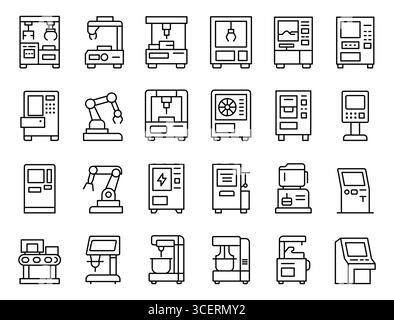 Una collezione variegata di icone minimalistiche che mostrano varie macchine e attrezzature. Perfetto per progetti di progettazione relativi alla tecnologia, all'automazione Illustrazione Vettoriale