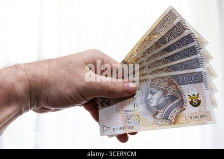 Mano maschile che tiene in mano un fan di banconote polacche di duecento zloty su sfondo chiaro. Concetto di pagamento. Foto di alta qualità Foto Stock