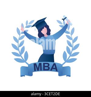 Diplomi in educazione, studentessa di bellezza con corona, diploma e cappello di laurea. Certificato MBA. Donna d'affari isolata su sfondo bianco. Templa Illustrazione Vettoriale