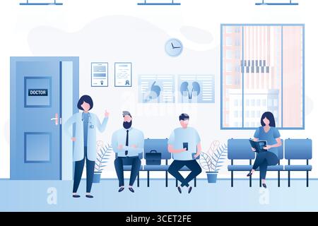 Moderna sala clinica medica interna con mobili. Gruppo di persone in coda di attesa. Donna medico specialista e pazienti. Varie persone in hospi Illustrazione Vettoriale