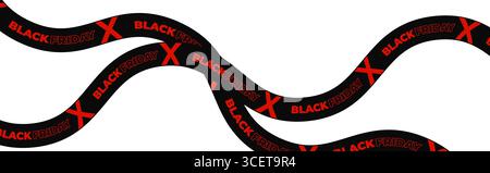 Striscione a nastro ondulato Black Friday con X rosse e testo in grassetto nero su sfondo bianco pulito per promozioni e-commerce e sconti urgenti per le vacanze Illustrazione Vettoriale