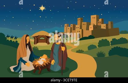 Presepe della Sacra famiglia con Gesù bambino sotto la Stella di Betlemme Illustrazione Vettoriale