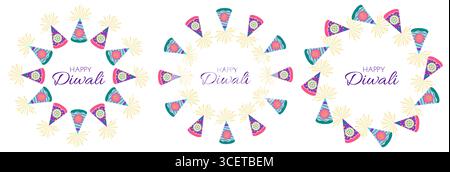 Cornici per festeggiamenti Diwali con fuochi d'artificio e testo in stile piatto. Illustrazione vettoriale Deepavali per progetti di stampa e online Illustrazione Vettoriale