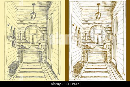 Questa illustrazione vettoriale disegnata a mano raffigura un accogliente corridoio in legno con lanterna sospesa, specchio rotondo, ganci per abiti, piante in vaso, scaffali, e w Illustrazione Vettoriale