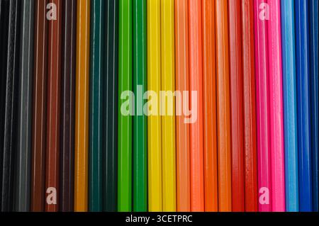 Le matite colorate giacciono di fila. Il vuoto perfetto per il tuo progetto. Vista dall'alto. Il concetto di creatività e sviluppo. Foto di alta qualità Foto Stock
