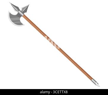Viking Battle Axe con manico lungo. Ascia medievale isolata su sfondo bianco. Illustrazione di una fantasia di un'arma. Ascia da combattimento dei vichinghi. Warrio Illustrazione Vettoriale