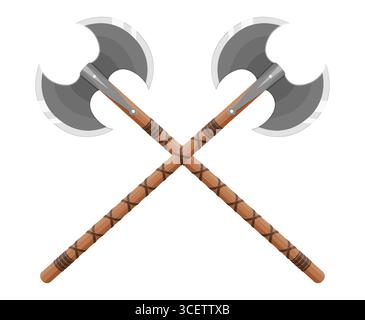 Ascia medievale vichinga a doppio bordo incrociata. Ascia da combattimento a due lame con lungo manico in legno isolato su sfondo bianco. Un'arma fredda medievale. Design piatto Illustrazione Vettoriale