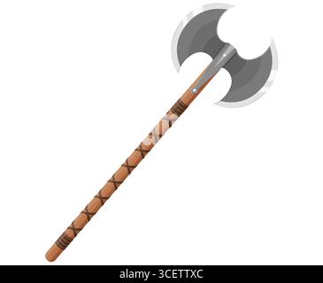 Ascia medievale vichinga a doppio bordo. Ascia da combattimento a due lame con lungo manico in legno isolato su sfondo bianco. Un'arma fredda medievale. Design piatto, Vector Illustrazione Vettoriale
