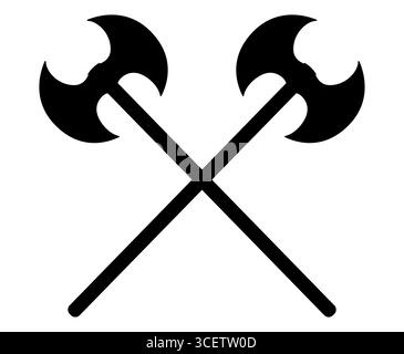 Ascia medievale vichinga a doppio bordo incrociata con silhouette nera. Ascia da combattimento a due lame con lungo manico in legno isolato su sfondo bianco. Freddo medievale Illustrazione Vettoriale