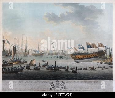 Aquatint colorato a mano e stampa incisiva del lancio della HMS Hibernia a Plymouth 1805, nave da guerra inglese di John Bluck, opere d'arte, stampe antiche d'epoca Foto Stock