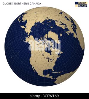 Globo vettoriale incentrato sul Canada settentrionale. Tavolozza blu scuro e pesca pallida. Mappa del mondo con meridiani, paralleli, paesi, fiumi e laghi. Illustrazione Vettoriale