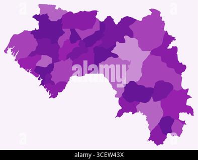 Mappa della Guinea con le regioni. Solo una semplice mappa di confine con la divisione della regione. Tavolozza dei colori viola. Illustrazione Vettoriale