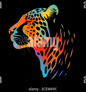 Testa colorata di ghepardo su sfondo nero. disegno a mano. Non ai, illustrazione vettoriale Illustrazione Vettoriale
