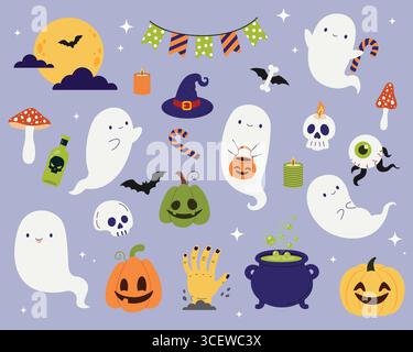 Una serie di simpatici personaggi. Simpatici fantasmi e altri elementi di Halloween. Illustrazione vettoriale in stile piatto. Illustrazione Vettoriale