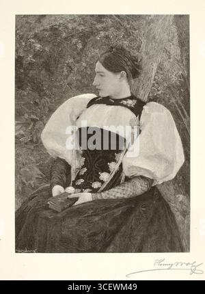 L'incisione fotomeccanica in legno di Henry Wolf del 1893, dopo il dipinto di Pascal Dagnan-Bouveret la Bernoise, cattura una giovane donna bernese vestita in tradizionale costume svizzero, seduta all'aperto contro un albero con un'espressione contemplativa. Le sue voluminose maniche soffiate, il corpetto ricamato scuro e i dettagli in pizzo sottolineano la ricchezza della moda del XIX secolo, mentre il libro chiuso nelle sue mani suggerisce un tranquillo riflesso, un intelletto e un riposo all'interno di un ambiente naturale. L'incisione mette in risalto sia la texture del tessuto che la discreta dignità della sitter, unendo realismo con un'eleganza senza tempo Foto Stock