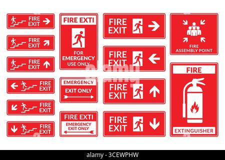 Raccolta dei segnali di sicurezza antincendio e dei segnali di uscita di emergenza Illustrazione Vettoriale