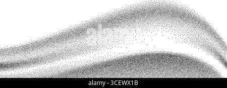 Trama ondulata a grana sfumata. Sfondo nero con linee curve rigide. Sfondo tratteggiato con rumore grunge per striscioni, poster e brochure. Sfondo di sabbia ondulata con macchie, particelle, granuli. Vettore Illustrazione Vettoriale