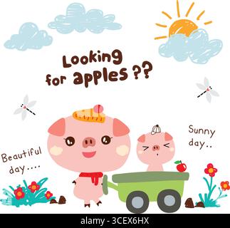 divertente set vettoriale maialino doodle e memo Illustrazione Vettoriale