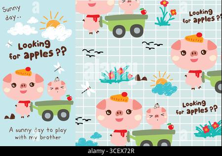 divertente set vettoriale maialino doodle e memo Illustrazione Vettoriale